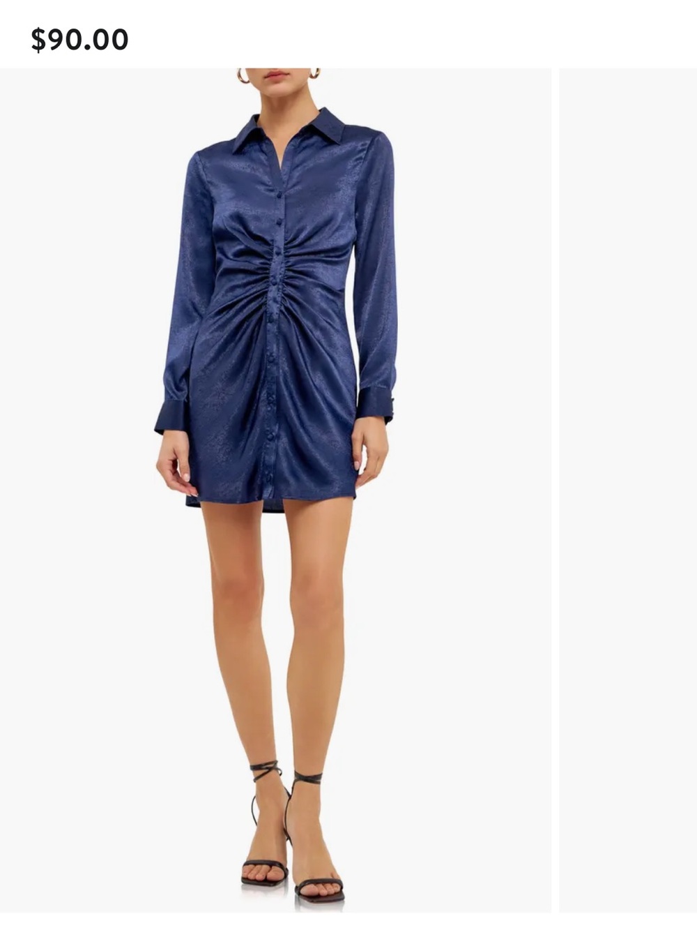Endless Rose Navy Satin Ruched Shirtdress Size M